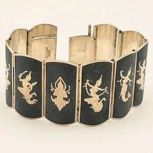 SIAM sterling silver vintage Niello wide panel link bracelet